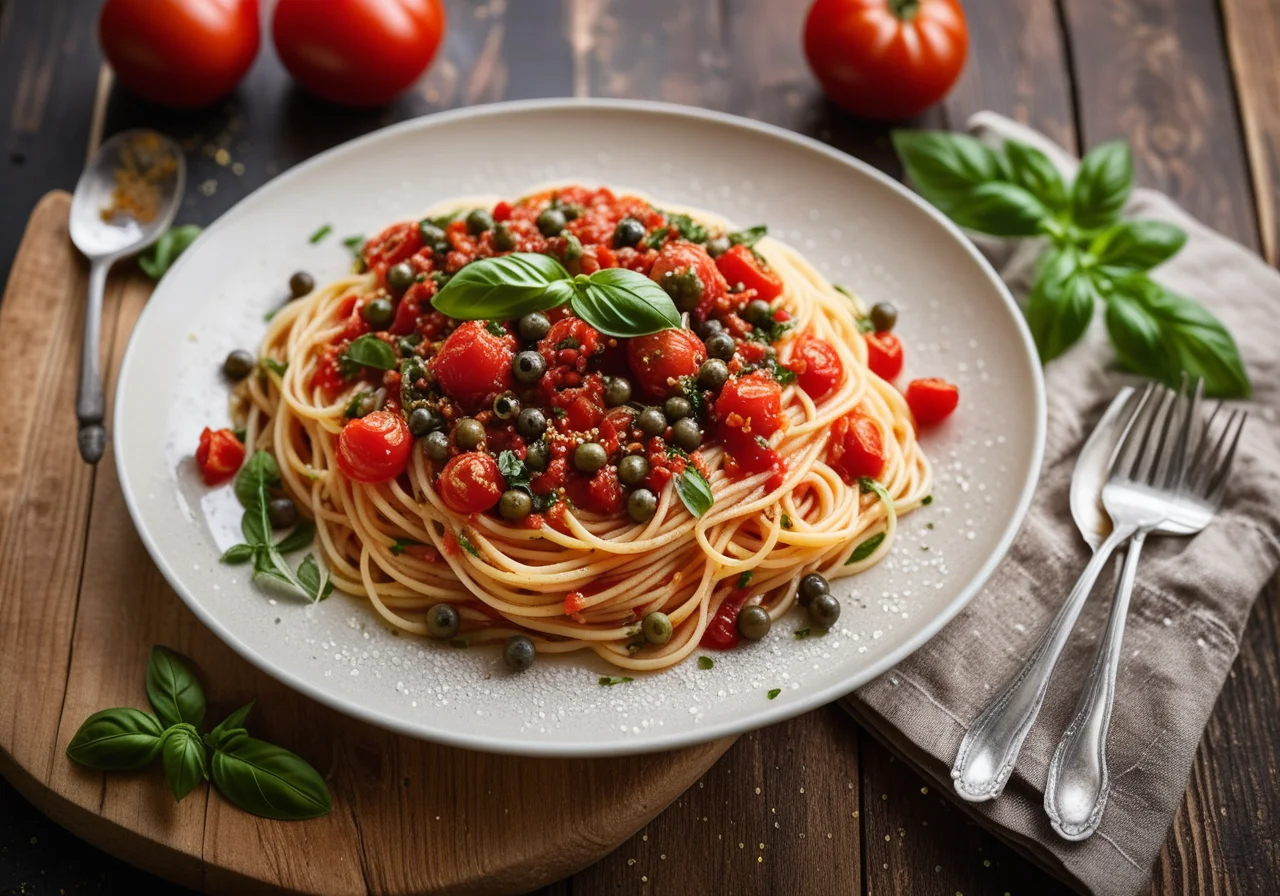 Spaghetti with Tomatoes, Olives and Capers