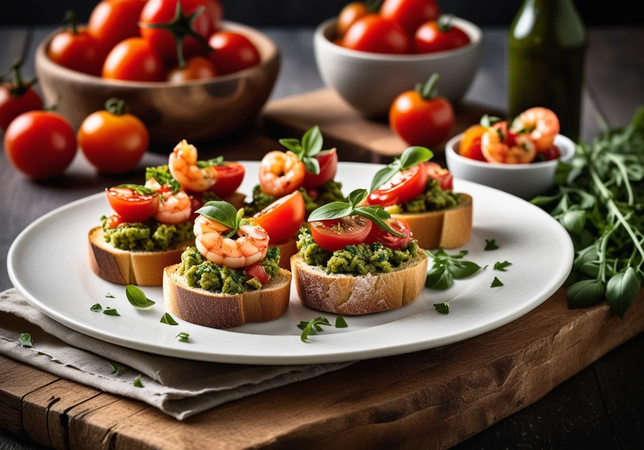 Shrimp Bruschetta with Arugula Pesto