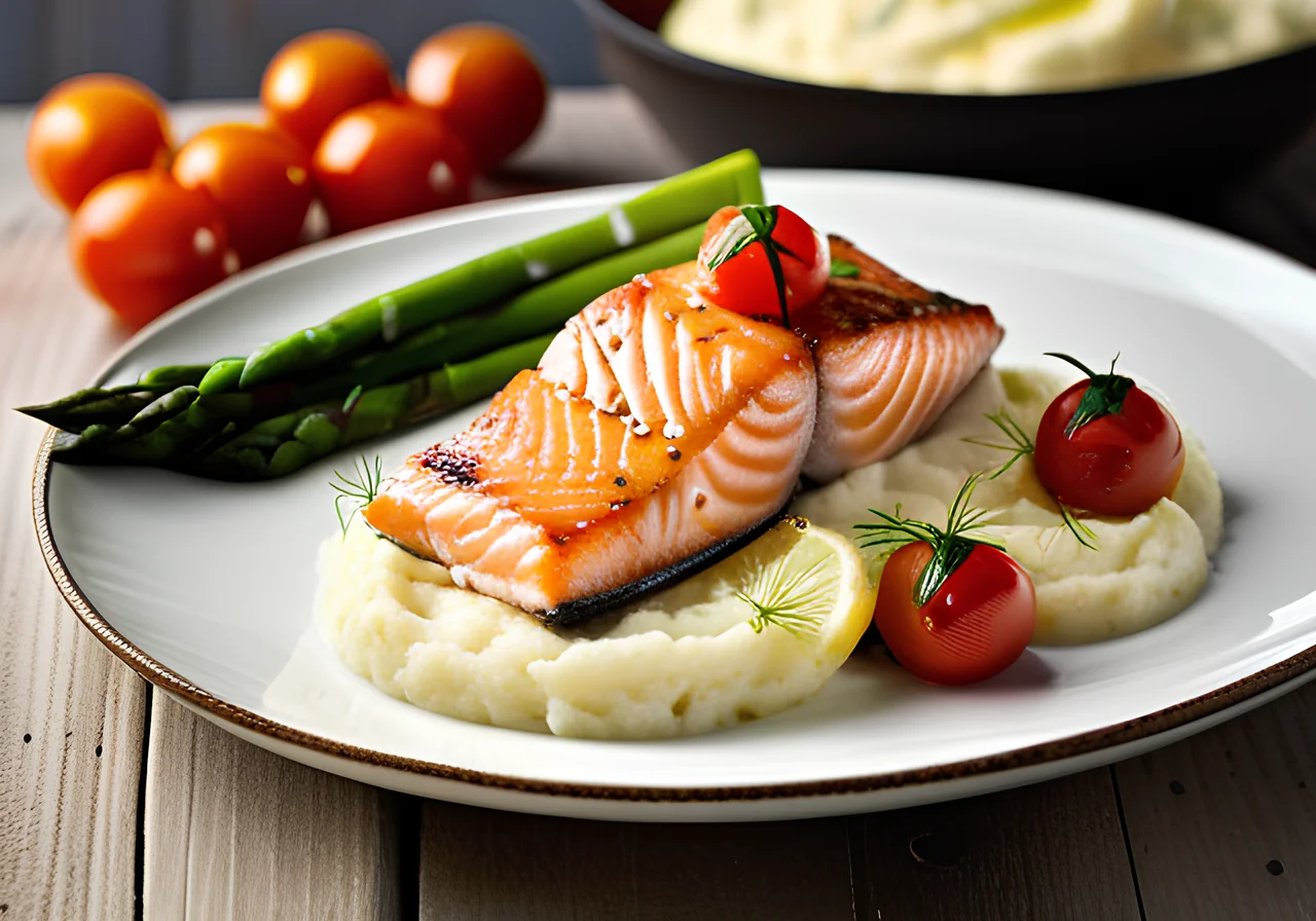Salmon with Green Asparagus and Mashed Potatoes