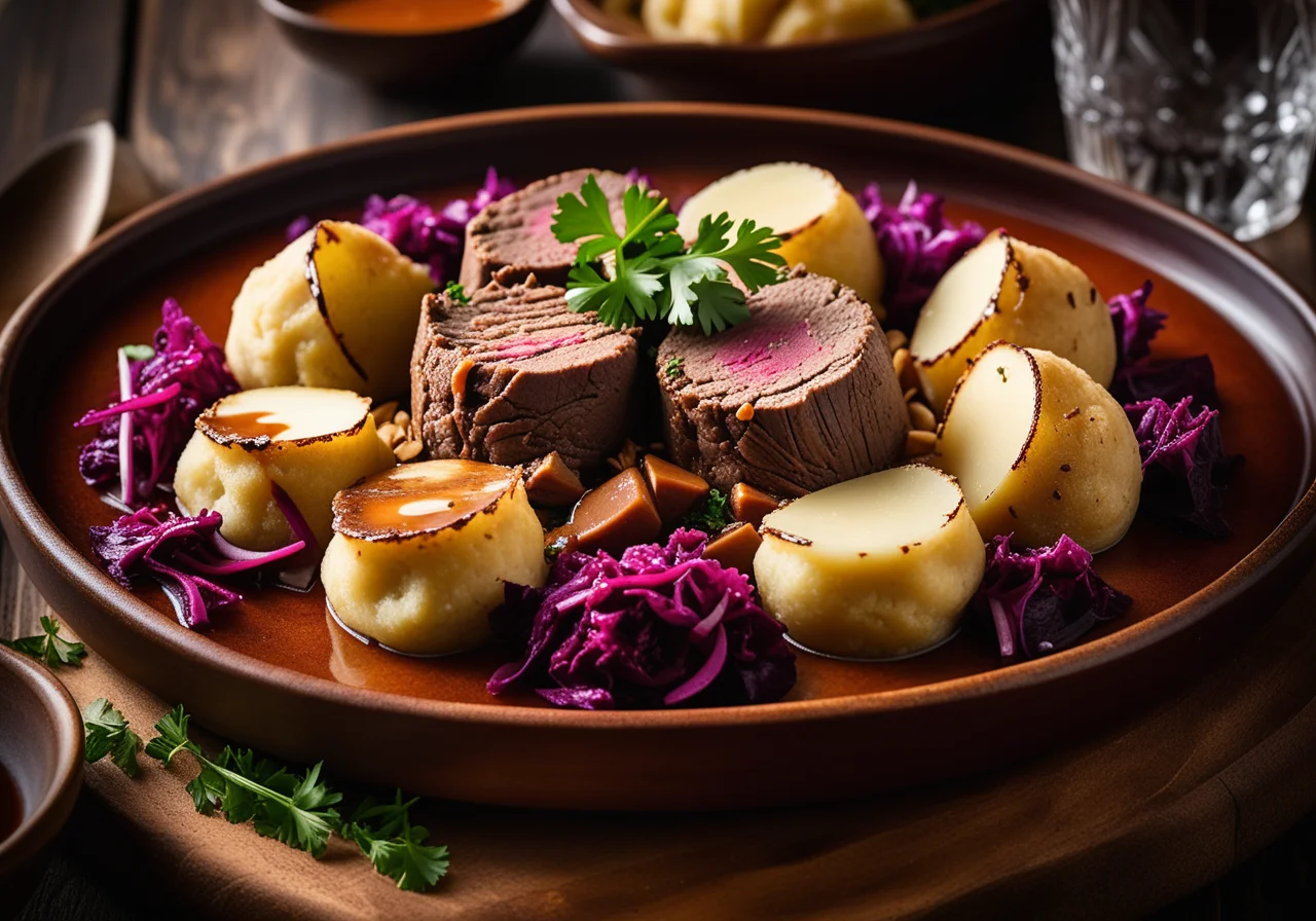 Braised Beef with Red Cabbage and Stuffed Potato Dumplings