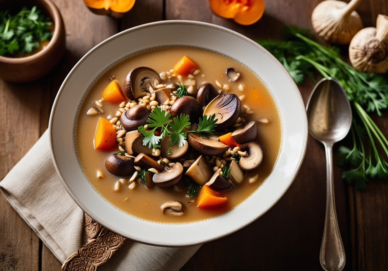 Barley soup with vegetables and mushrooms