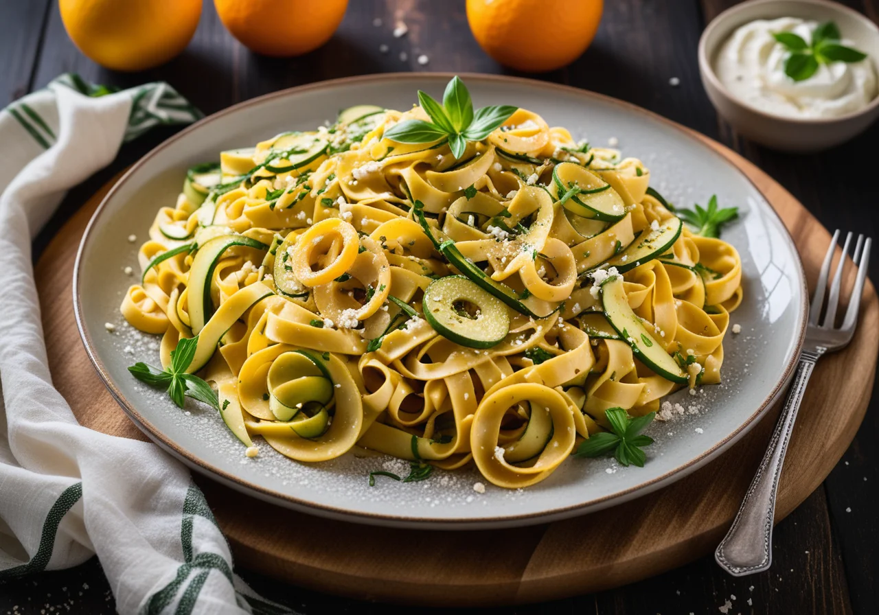 Tagliatelle with Orange Sauce, Zucchini and Goat Cheese
