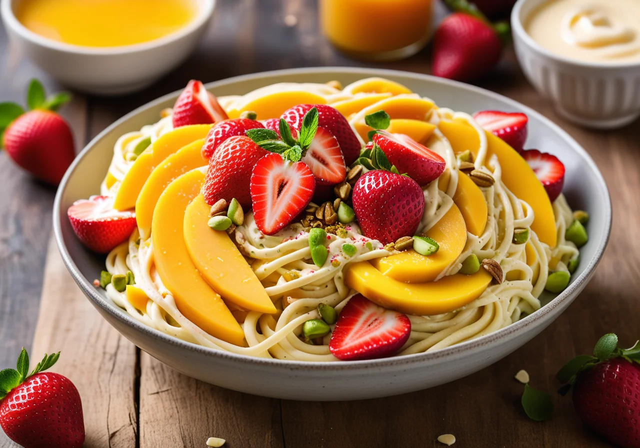 Mango Strawberry Salad with Cream Cheese Noodles