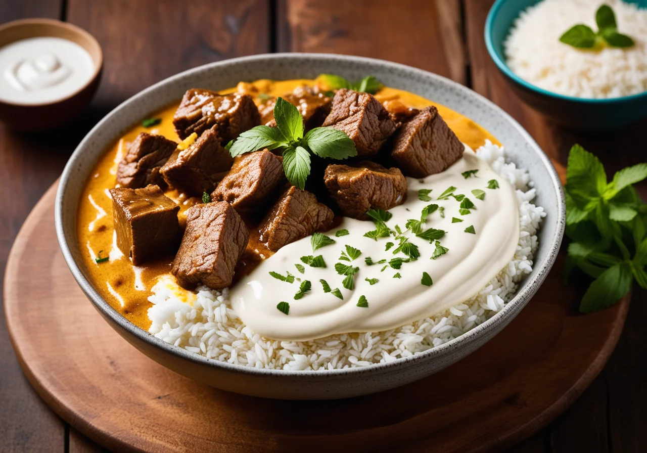 Curry with Rice, Yogurt Dip and Indian Flatbread