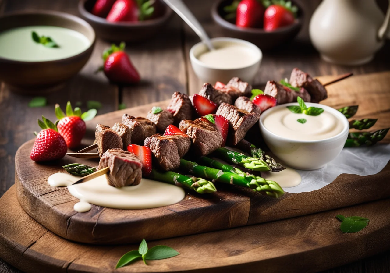 Lamb Skewers with Asparagus-Strawberry Vegetables