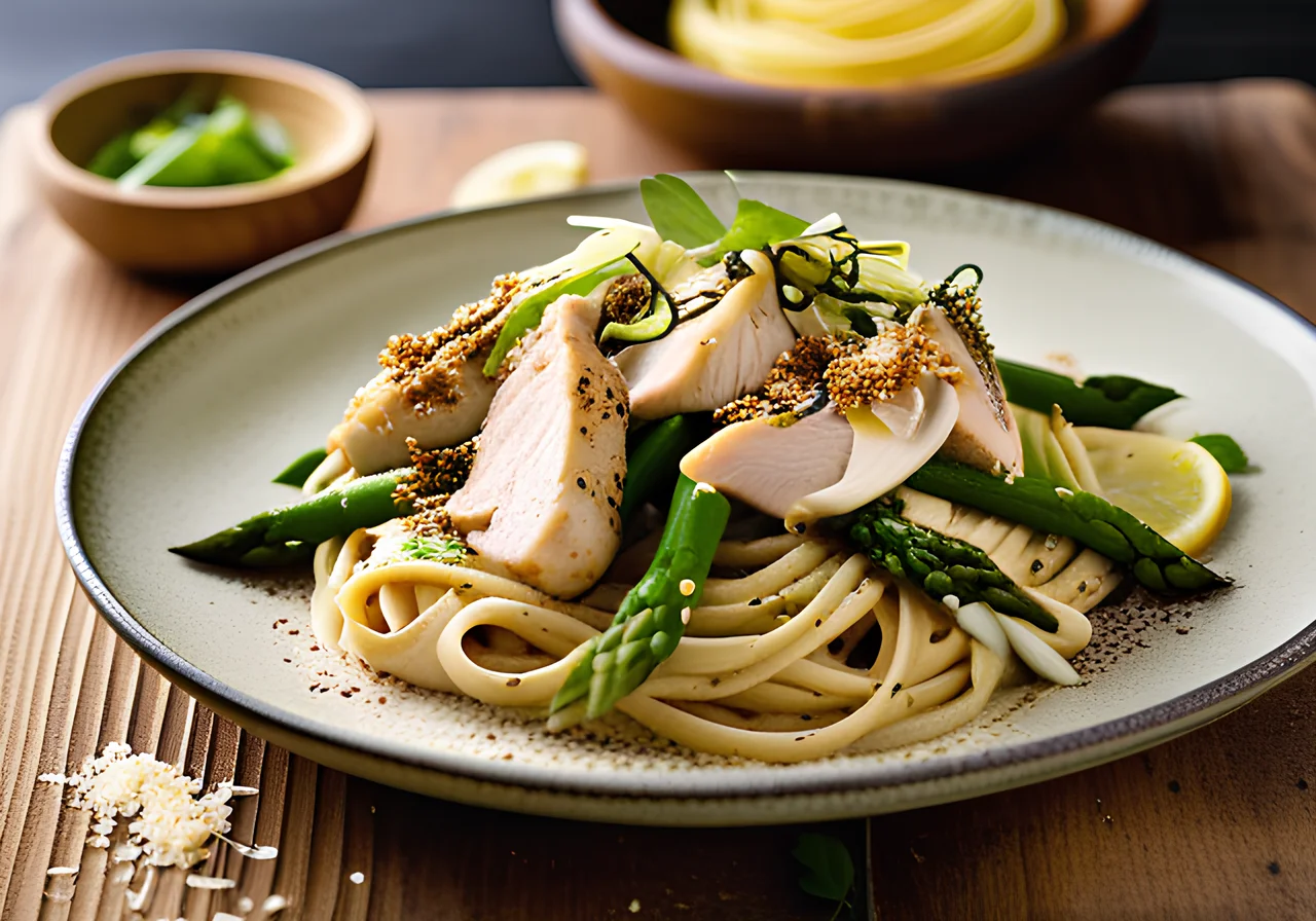 Linguine with Green Asparagus and Sesame Chicken