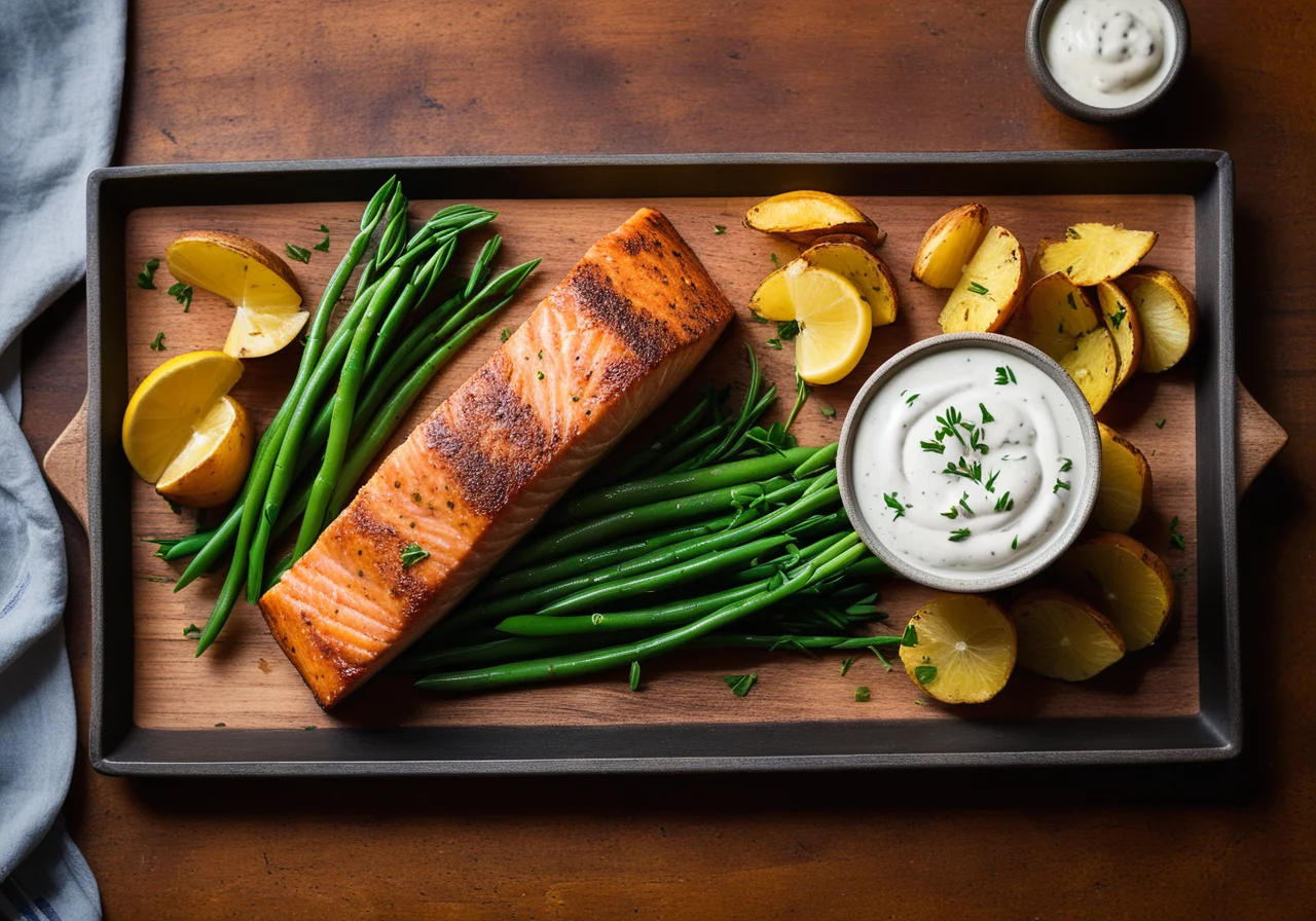 Pan‑fried Salmon Fillet with Chives Sauce over Vegetables