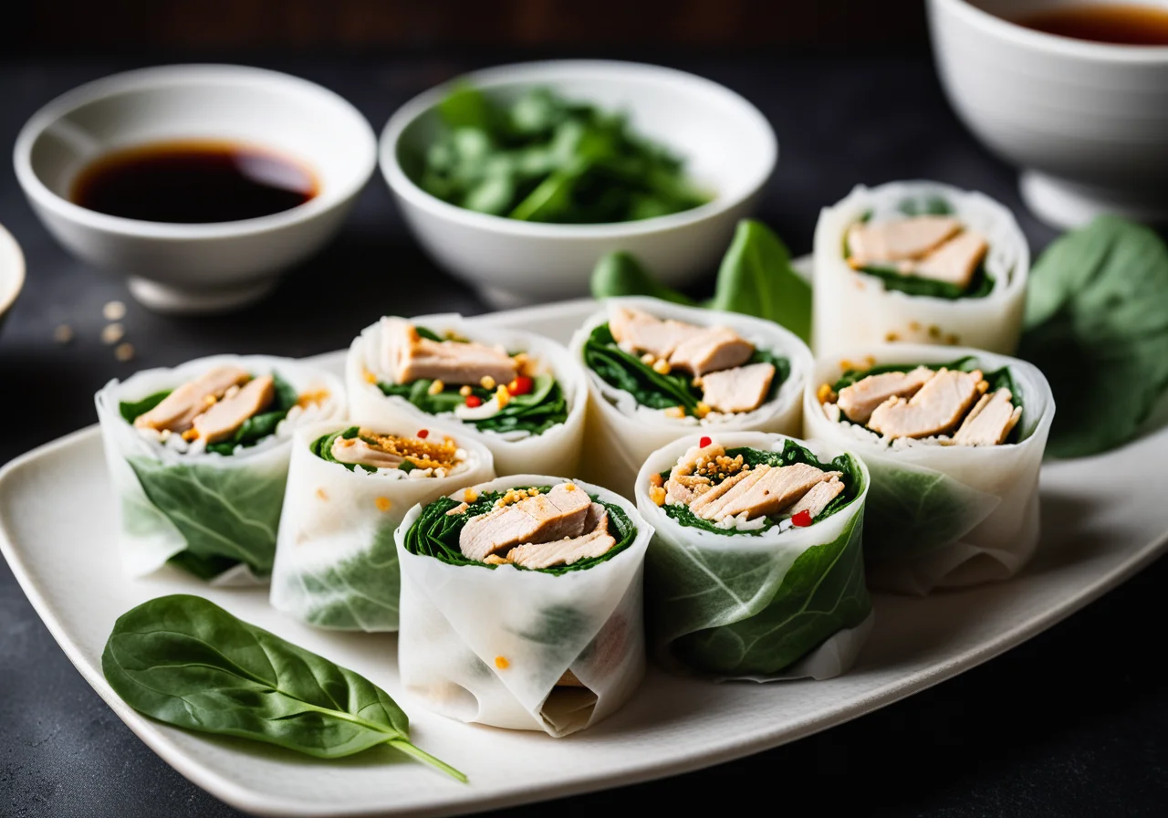 Rice paper rolls with chicken, spinach and coriander