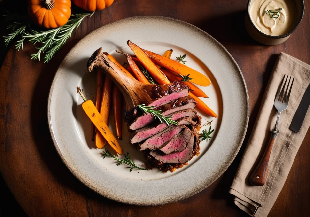 Roasted Deer Leg with Vegetables and Small Pumpkin Gratin