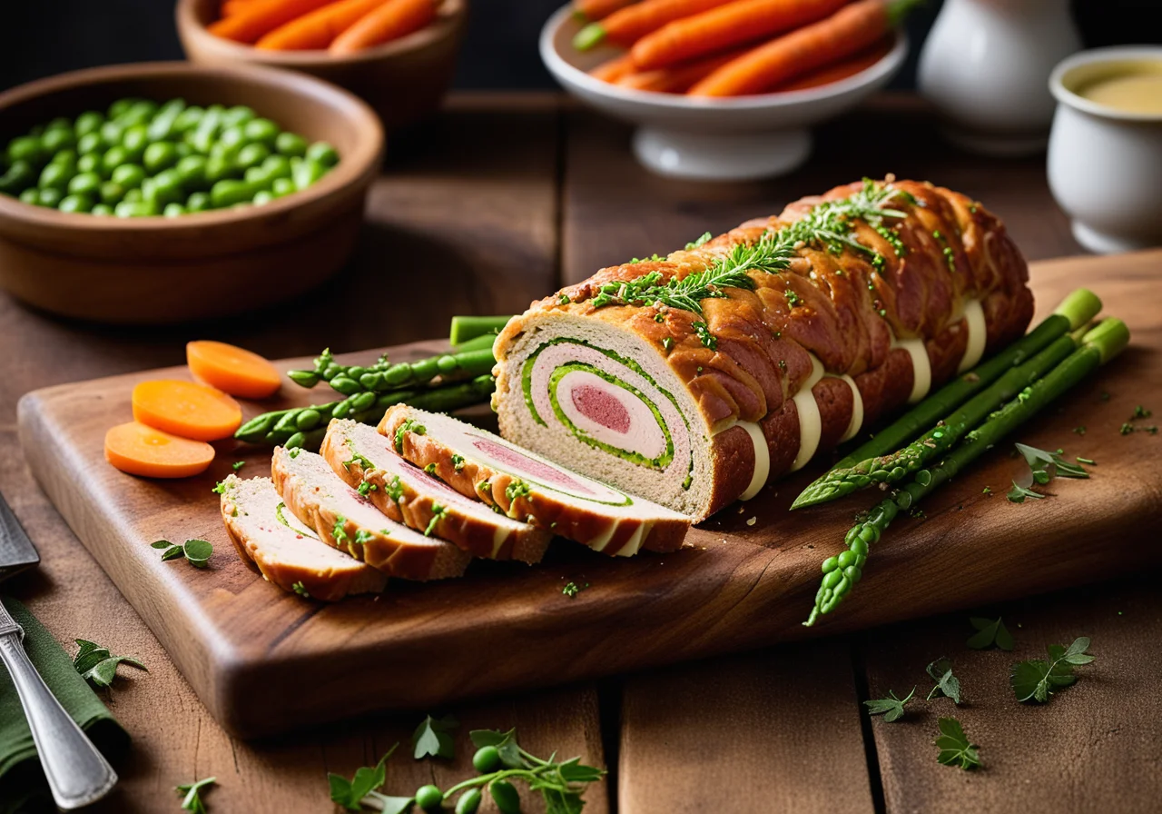 Turkey Roulade with Spiced Pea Filling and Vegetables