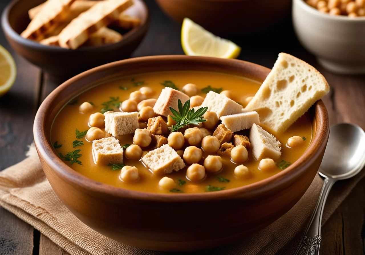 Chickpea & Chicken Soup with Flatbread, Herbs and Lemon