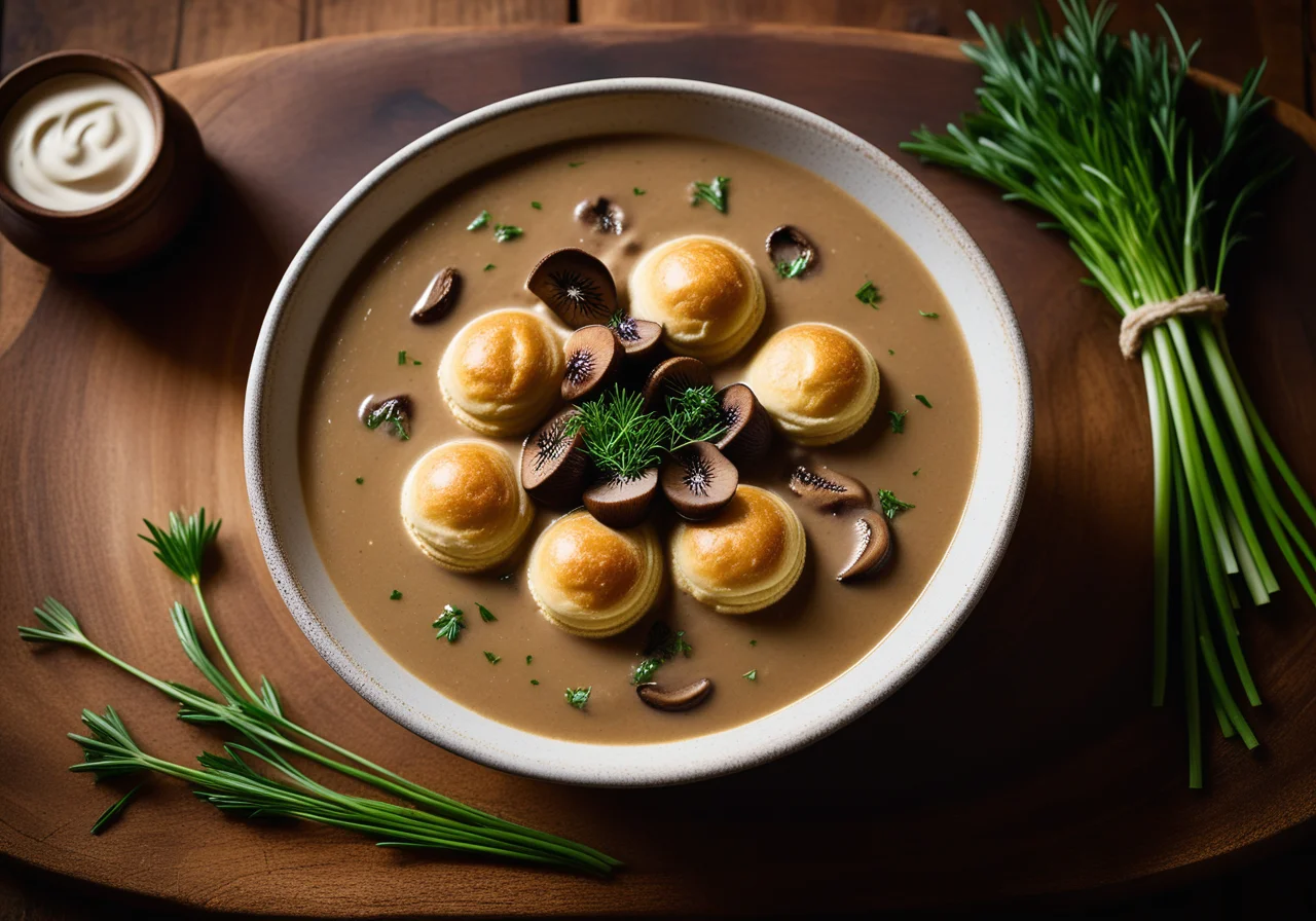 Forest mushroom soup with puff pastry topping