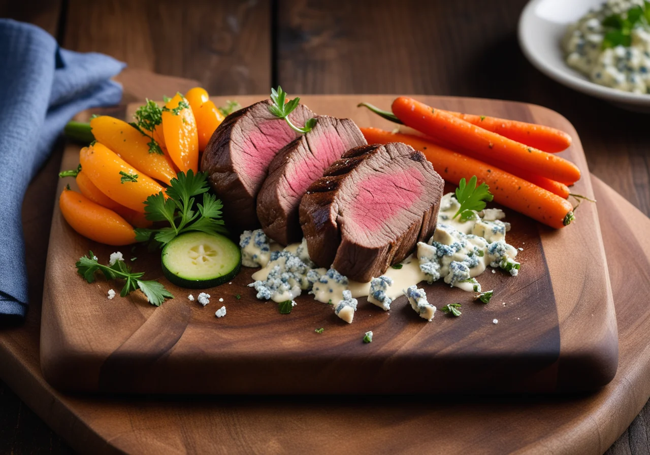 Filet Mignon with Baby Vegetables, Blue Cheese and Balsamic