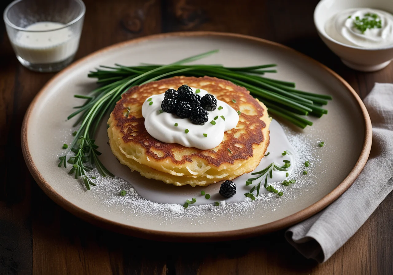 Potato Pancakes with Sour Cream, Leek and Caviar