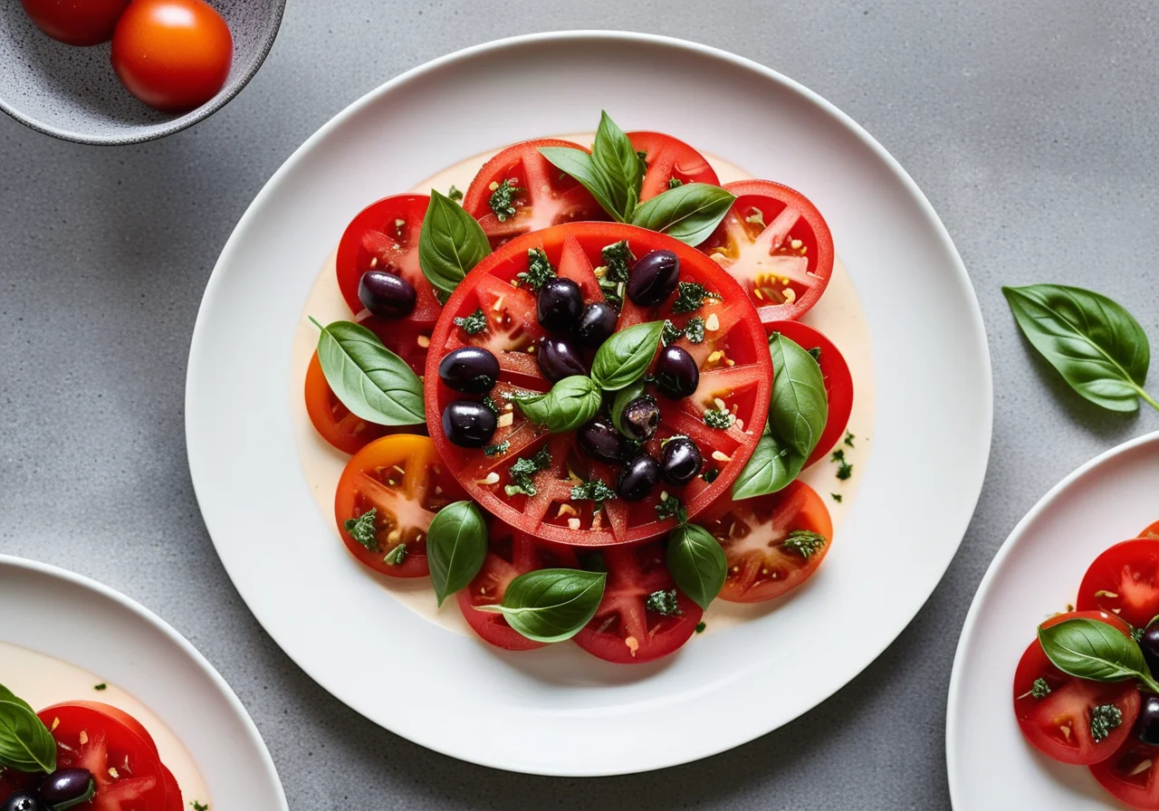 Tomato Tartare with Olives and Grilled Halloumi