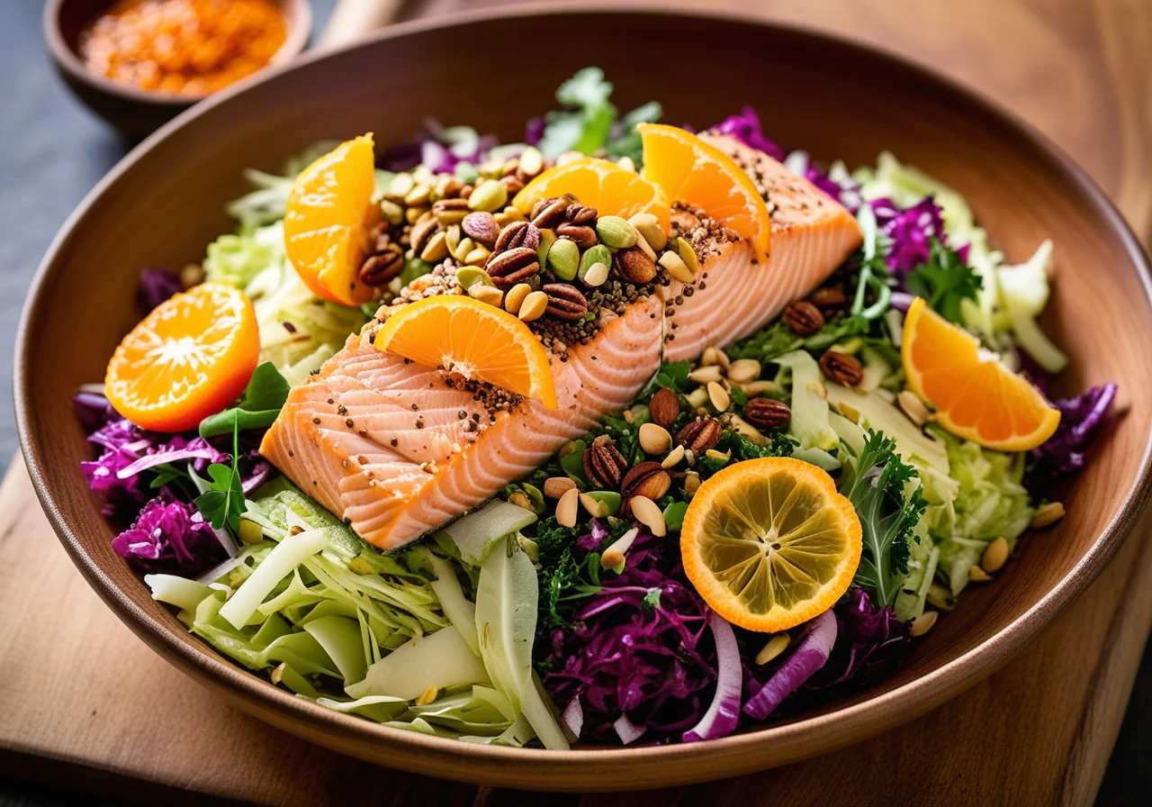 Colorful Cabbage Salad with Salmon and Harissa Lentil Vinaigrette