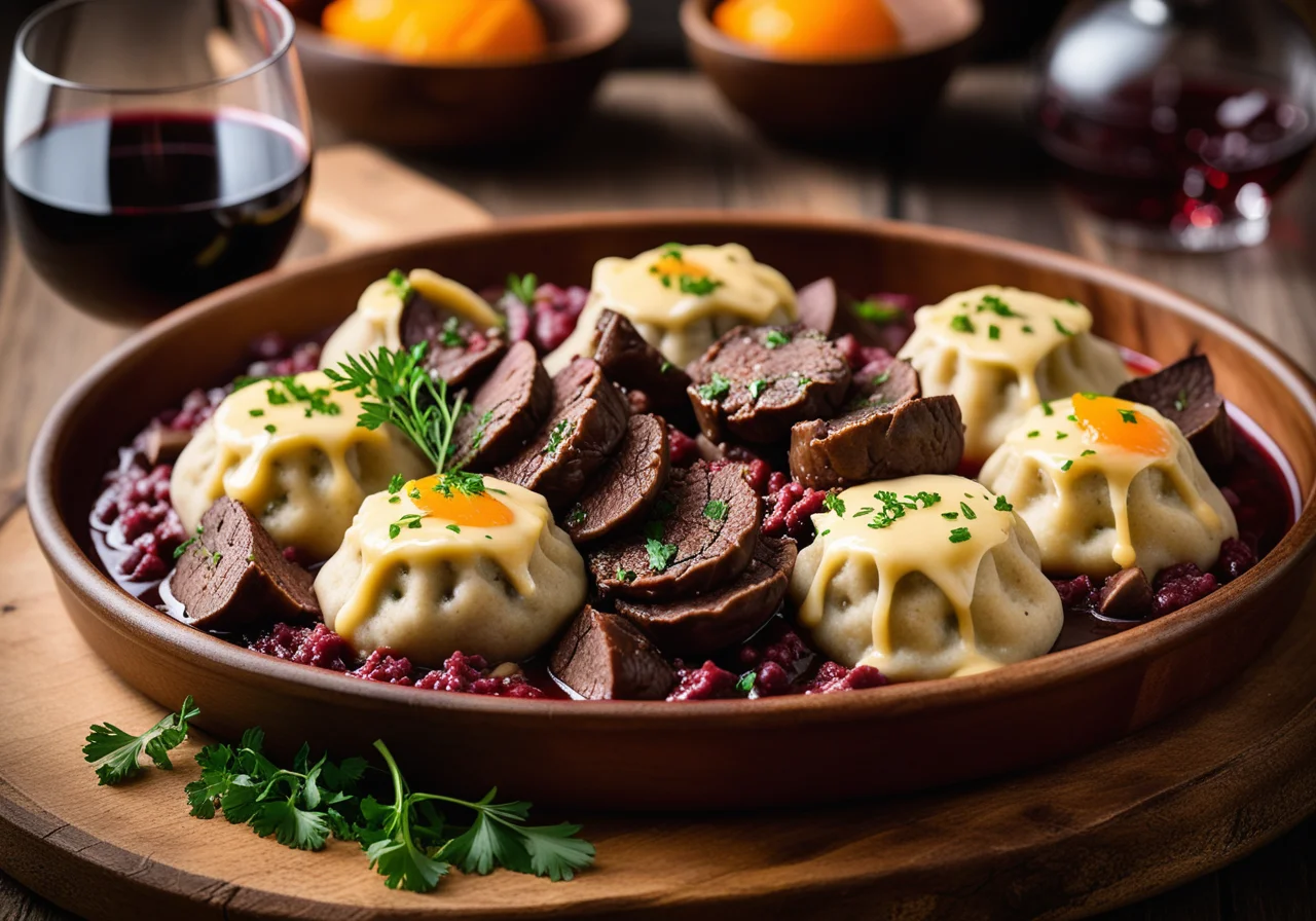 Venison Shoulder with Red Wine Sauce and Mushrooms served with Bohemian Dumplings