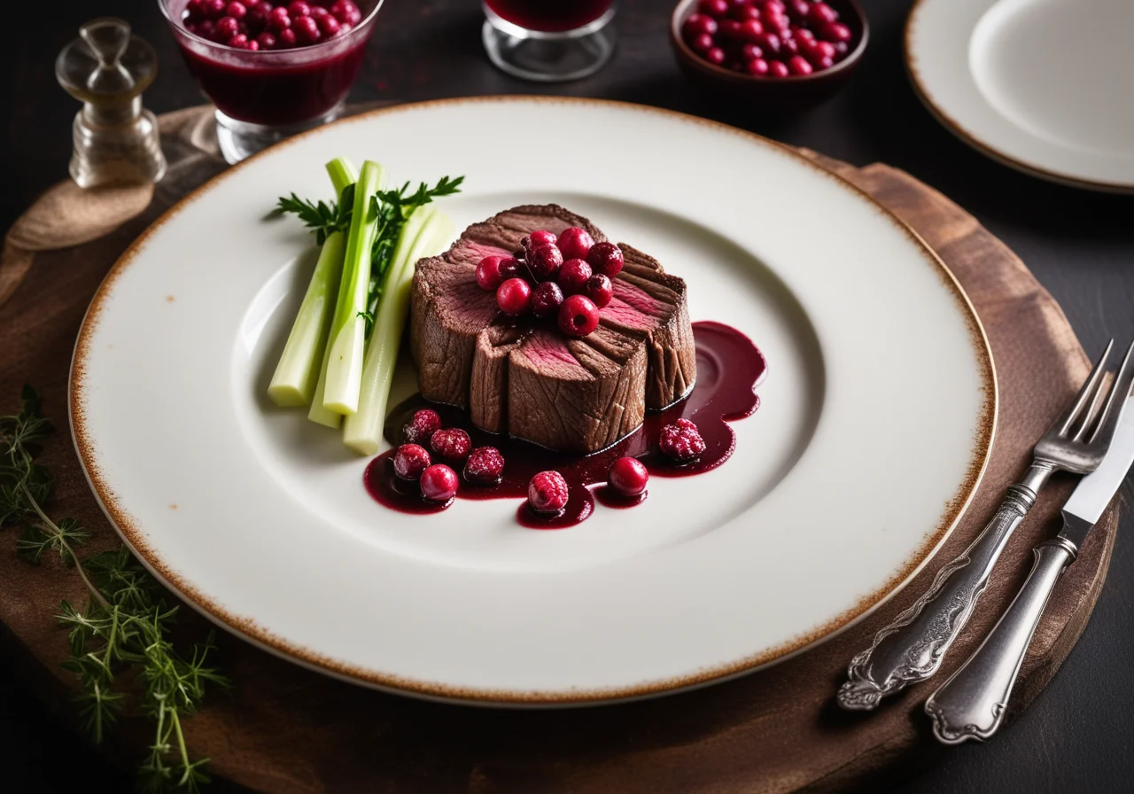 Venison Steak with Lingonberry Sauce and Celery Root Puree