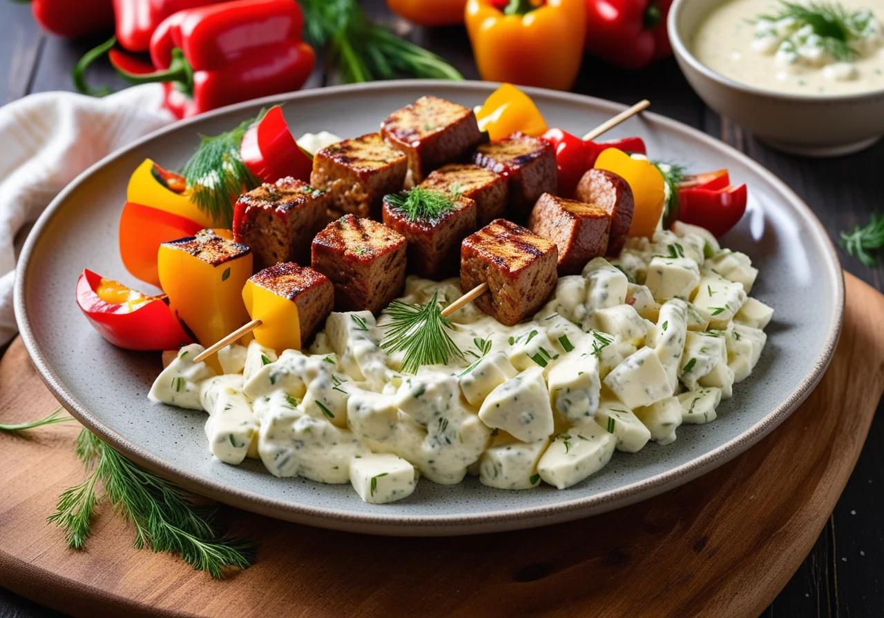 Skewers of Tofu Sausage and Bell Pepper with Dill Potato Salad