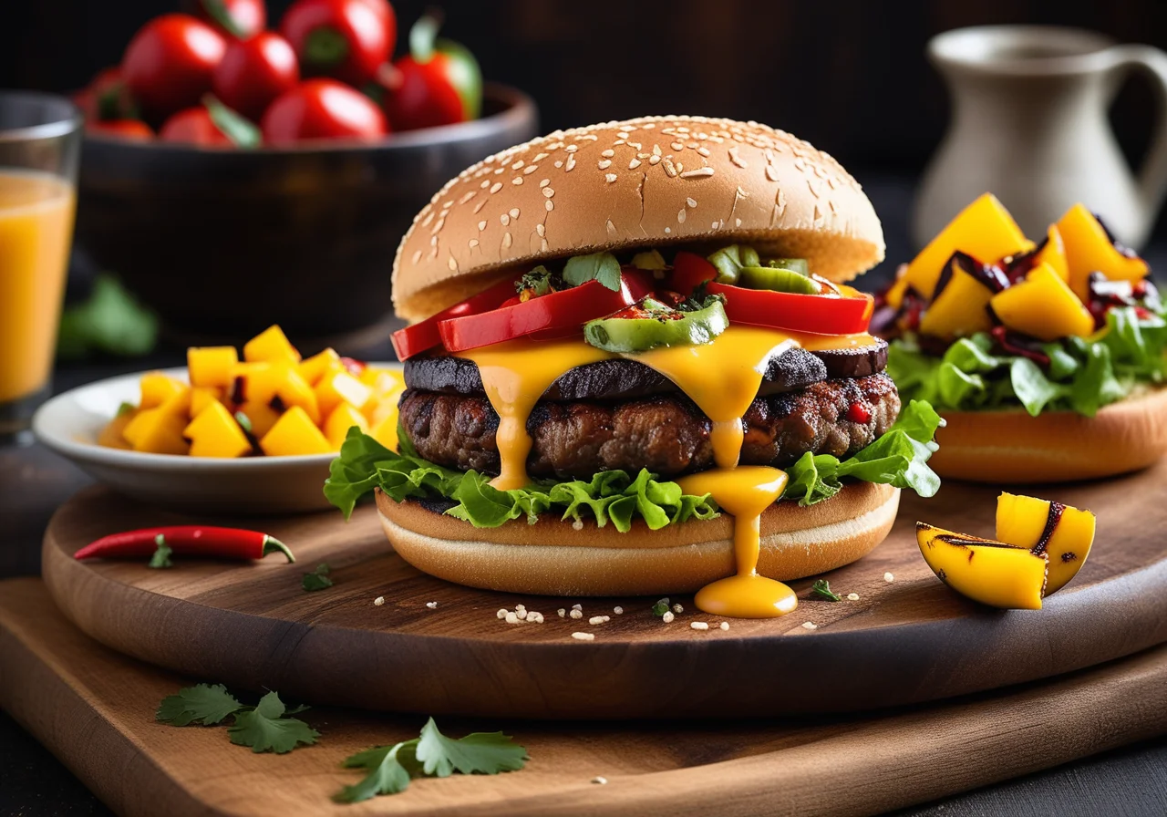 Burger with Giant Portobello Mushrooms and Mango Salsa