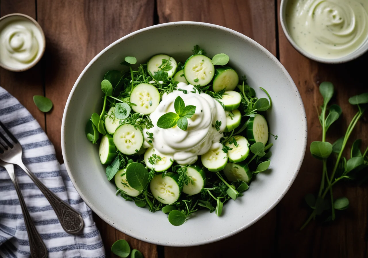 Green vegetable salad with fresh yogurt mint cream cheese dressing