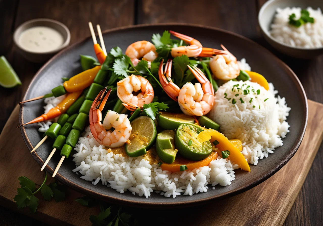 Shrimp Skewers with Coconut Vegetable Curry