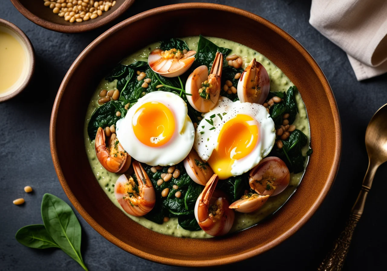 Shellfish with Lost Egg and Spinach Lentils