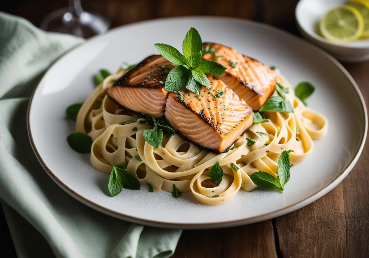 Pan‑fried Salmon with Noodles and Lime Sauce