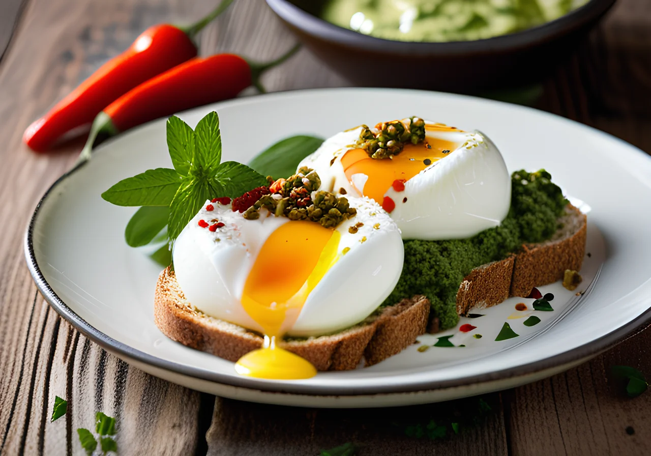 Cilbir with Pesto-Minz Topping and Yogurt