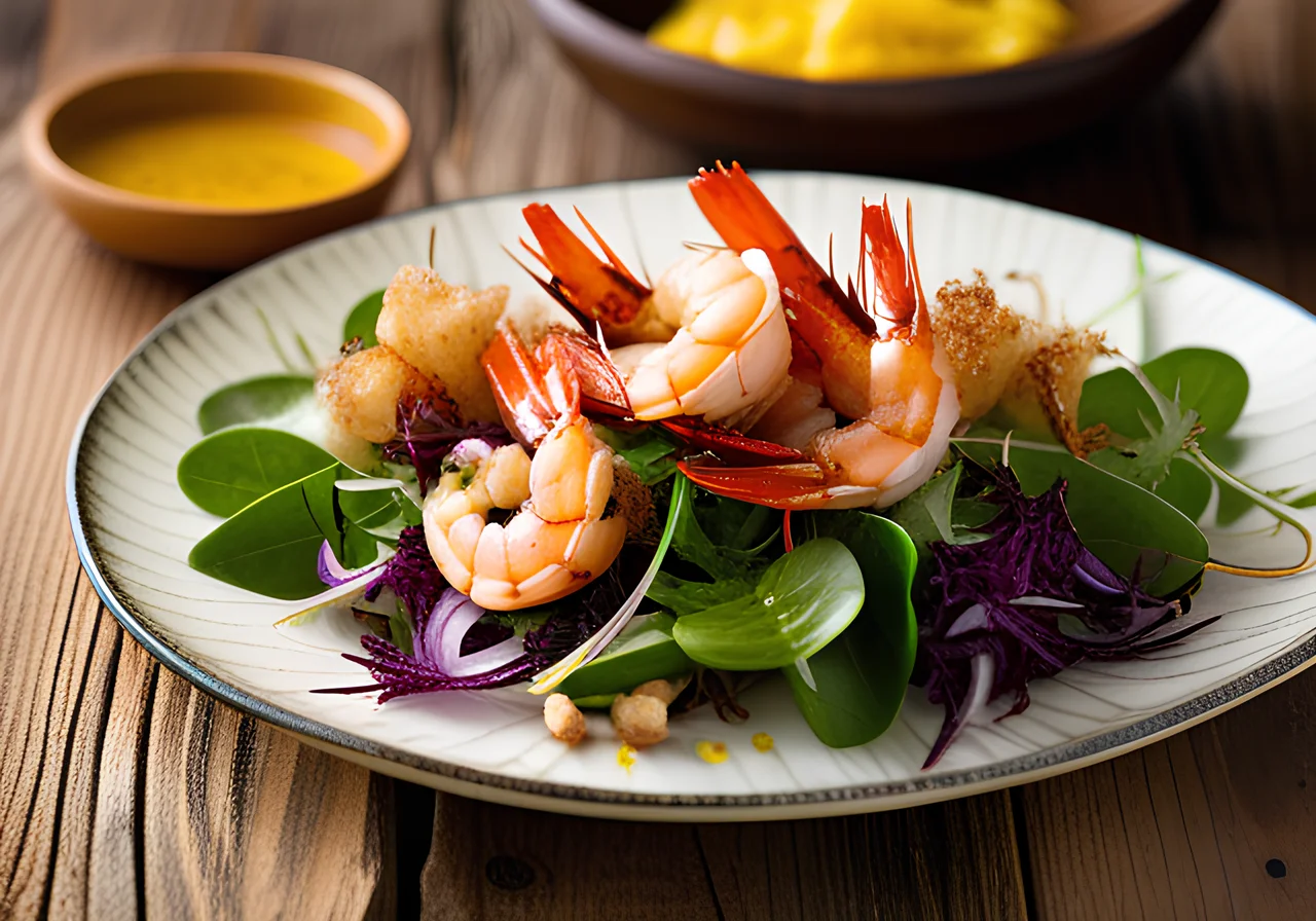 Pan‑fried Shrimp on Field Salad and Chicory