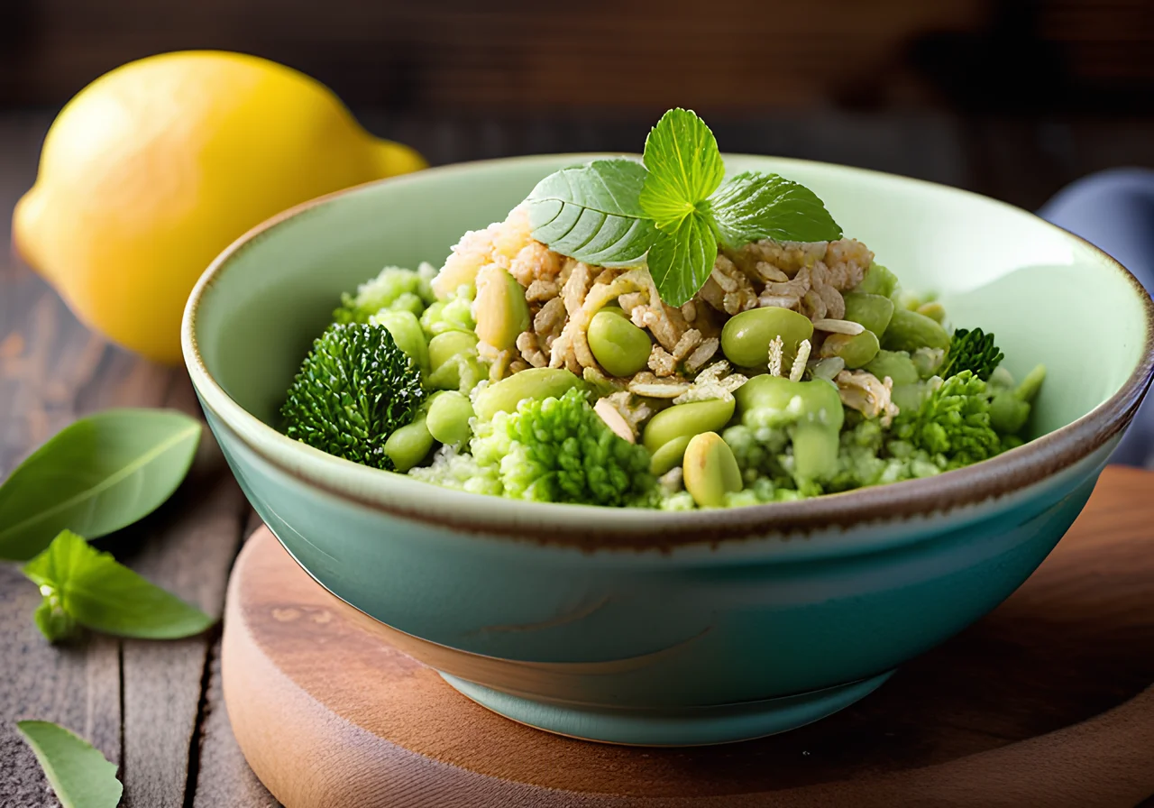 Bowl with Broccoli Rice, Avocado and Edamame