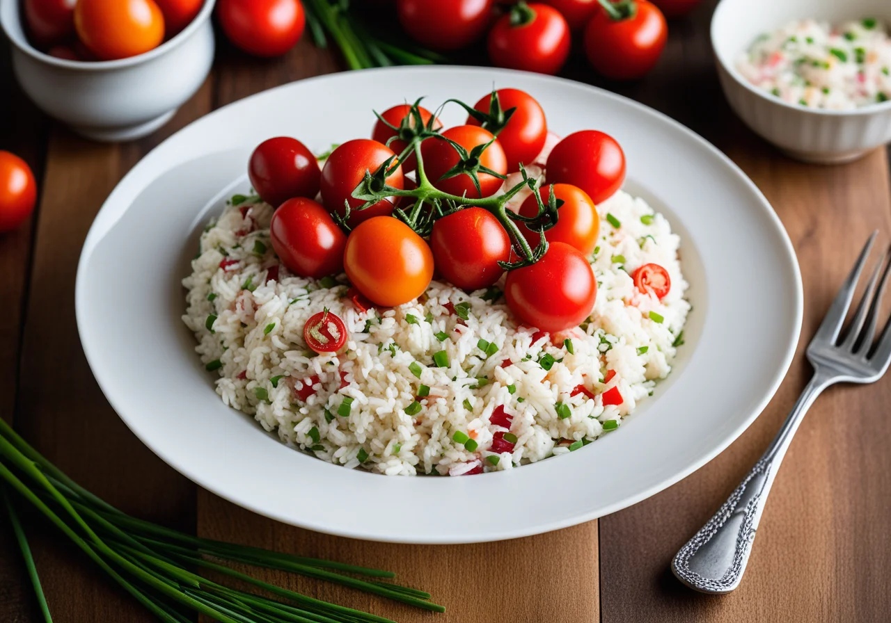 Vegetable Rice Salad with Tuna Sauce and Stuffed Cherry Tomatoes