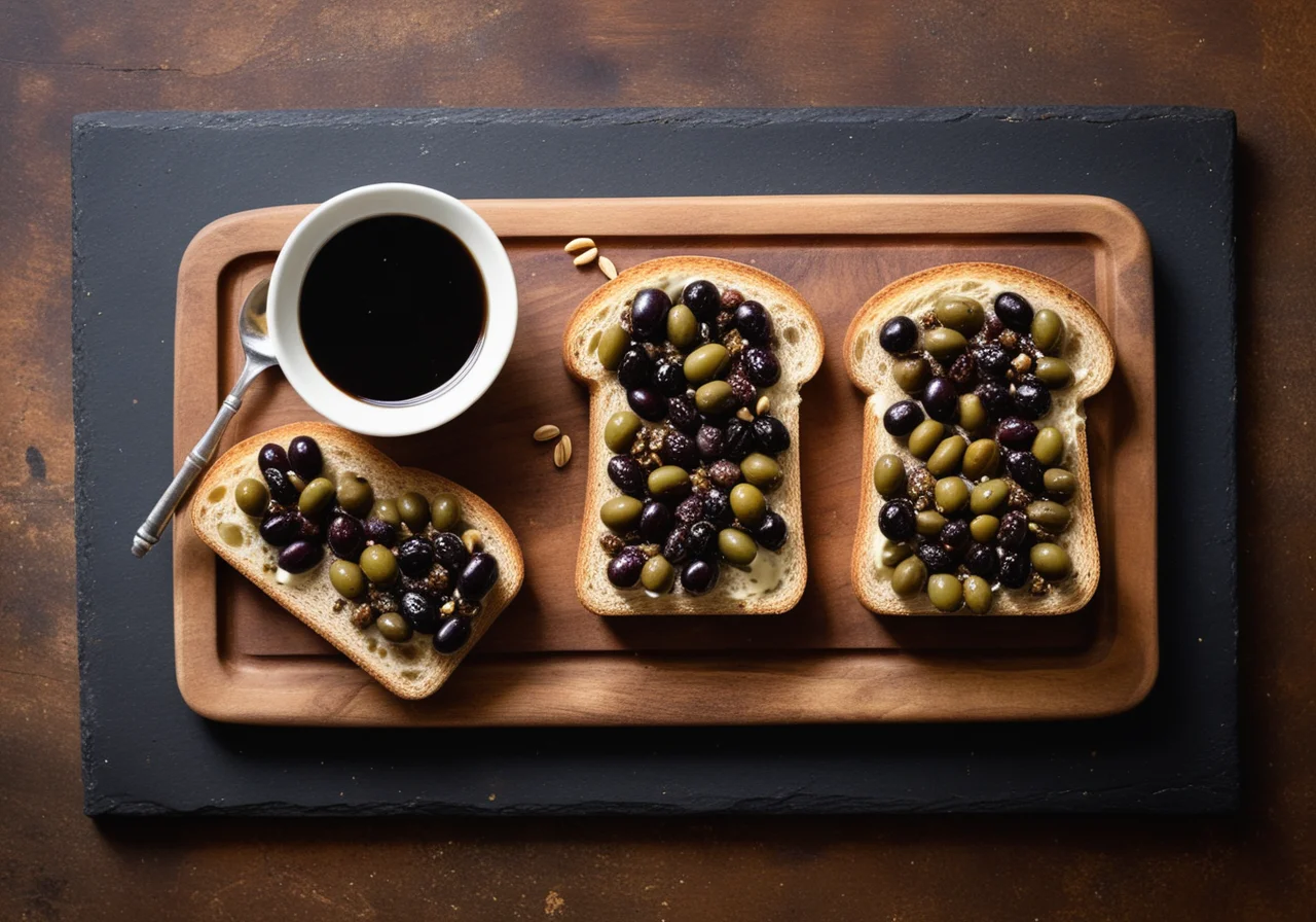 Röstbrot mit schwarzem Olivenaufstrich