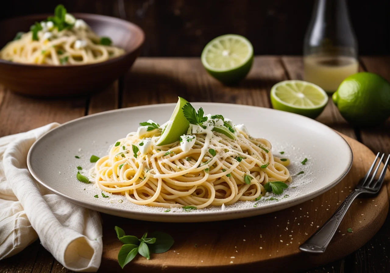 Squid Spaghetti with Goat Cheese Sauce and Lime