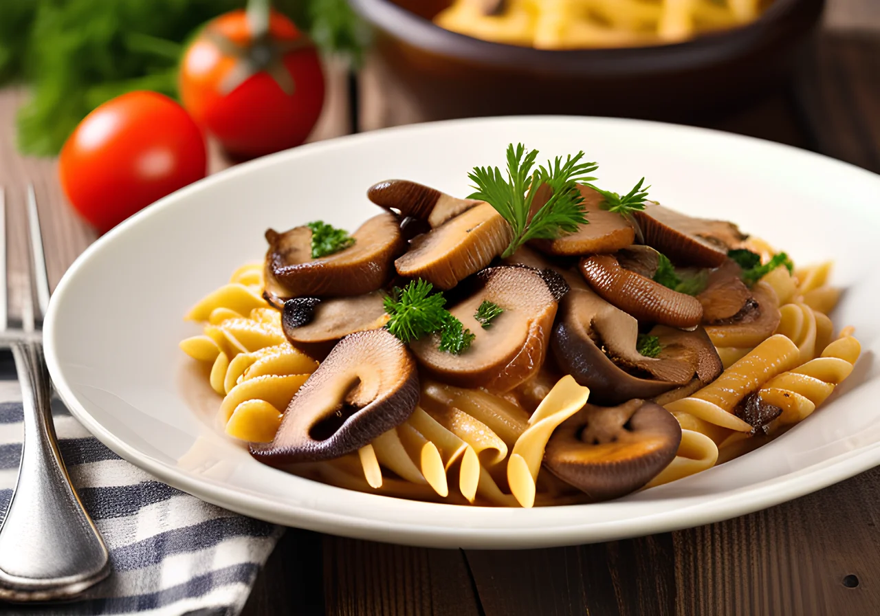 Pasta with Tender Chicken Strips and Mushrooms