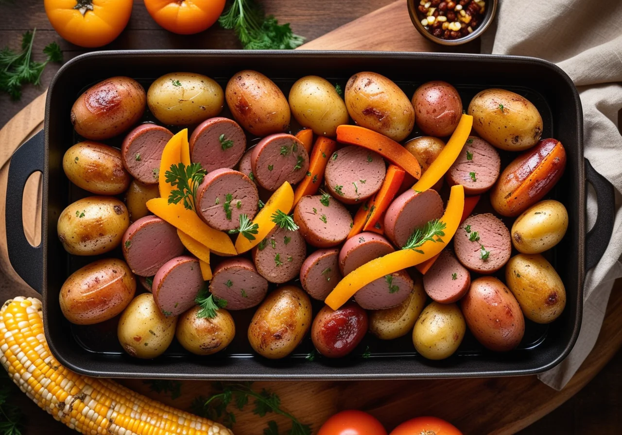 Baked Potatoes with Corn and Sausages