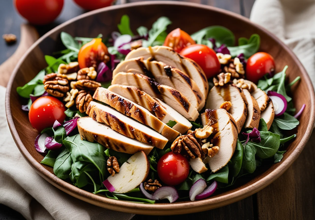 Rosenkohl salad with chicken, tomatoes and walnut kernels