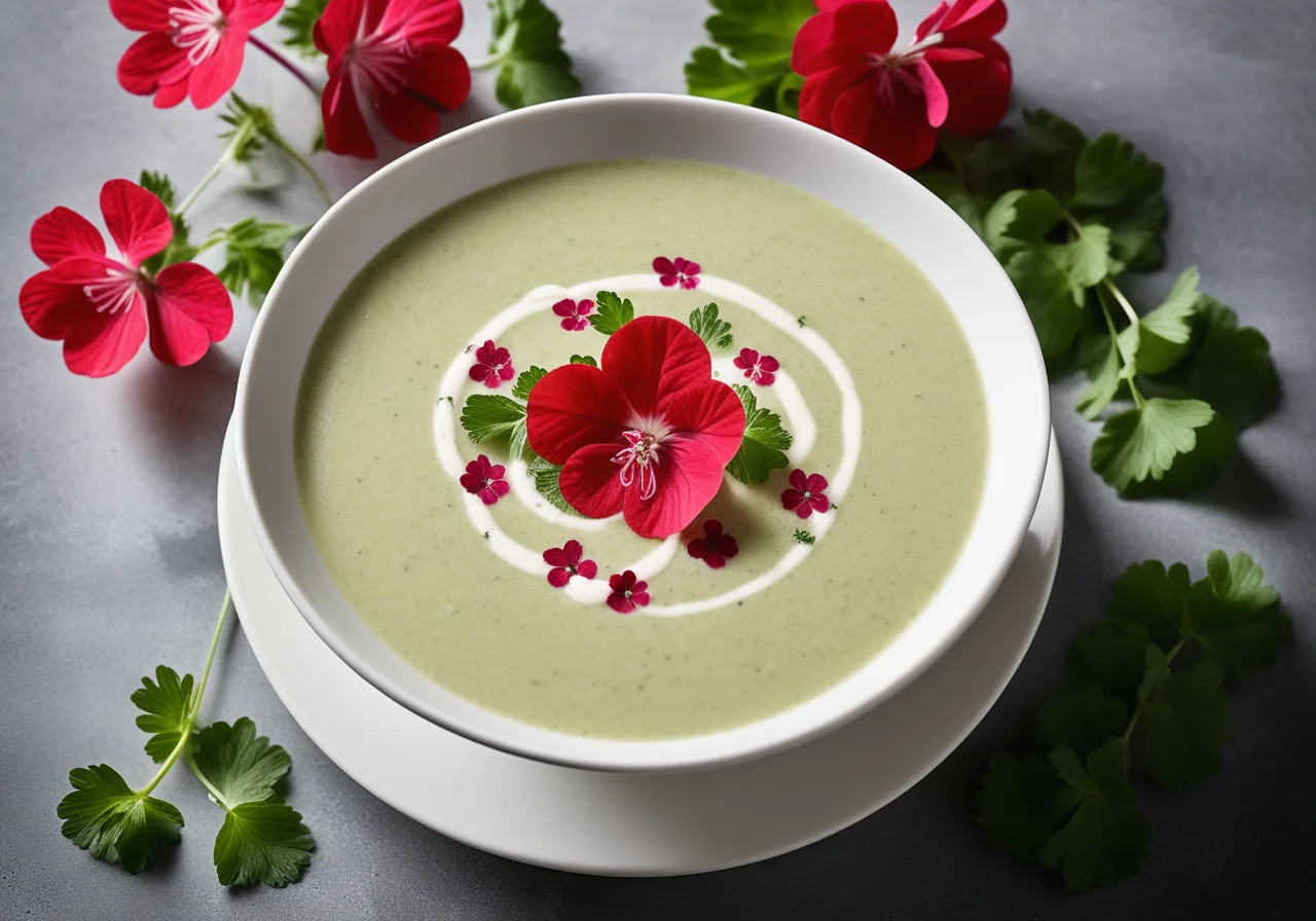 Creamy Sorrel Soup with Geranium Flowers