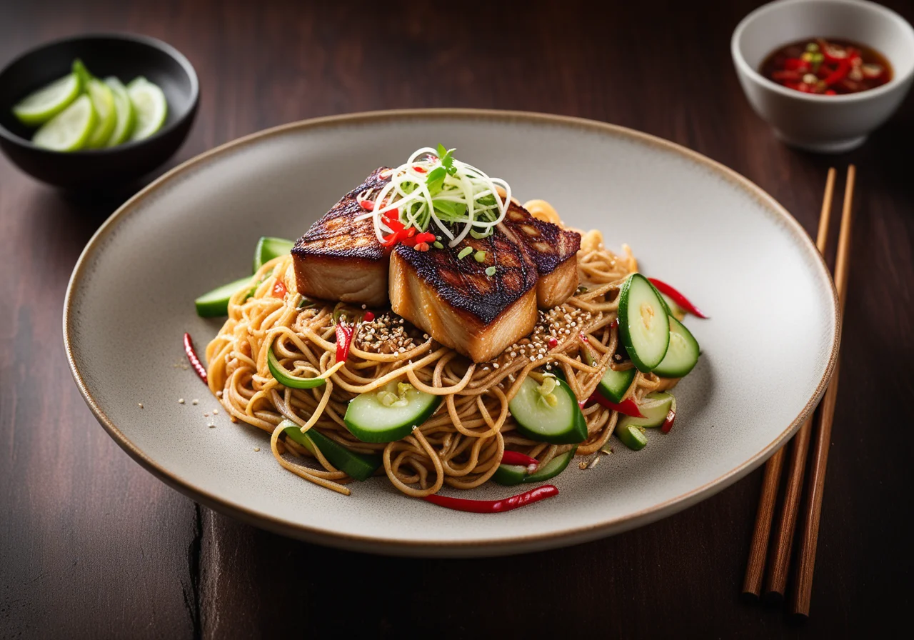 Fish Fillet on Stir‑Fried Noodles with Vegetables