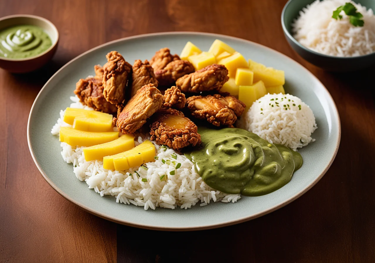 Fried Chicken with Green Sauce and Rice