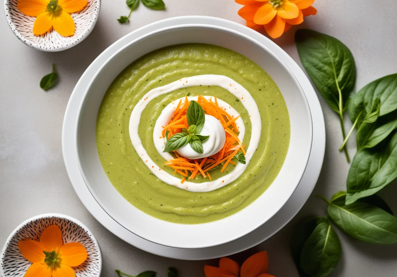 Cold Avocado and Carrot Soup with Basil Flowers