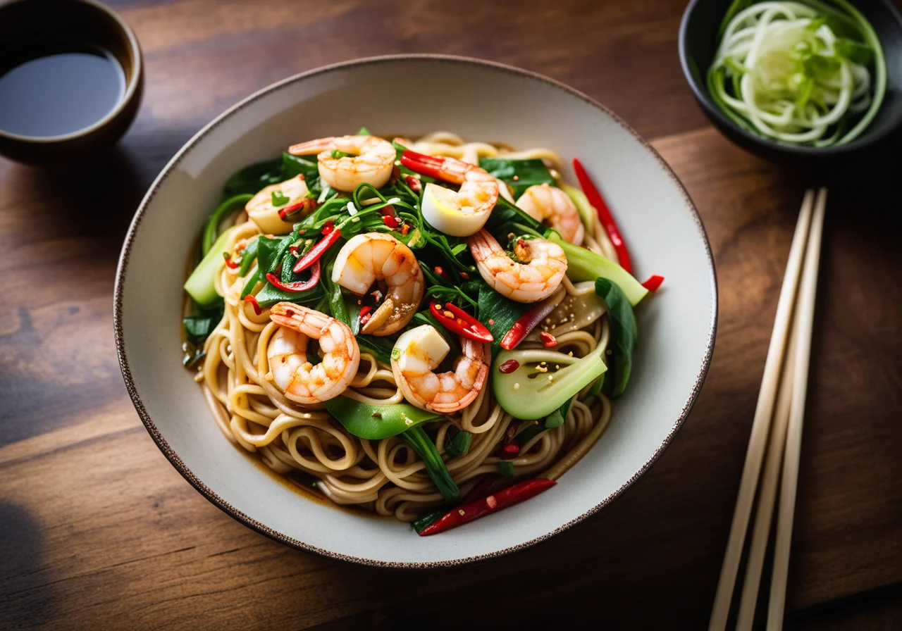 Asian Noodle Stir-Fry with Vegetables and Shrimp