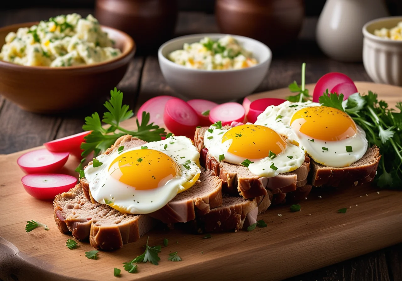 Leberkäs with Fried Egg, Potato Salad and Mustard
