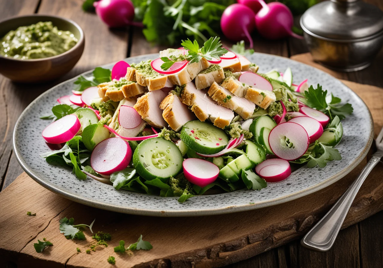 Colorful Chicken Salad with Pesto and Croutons