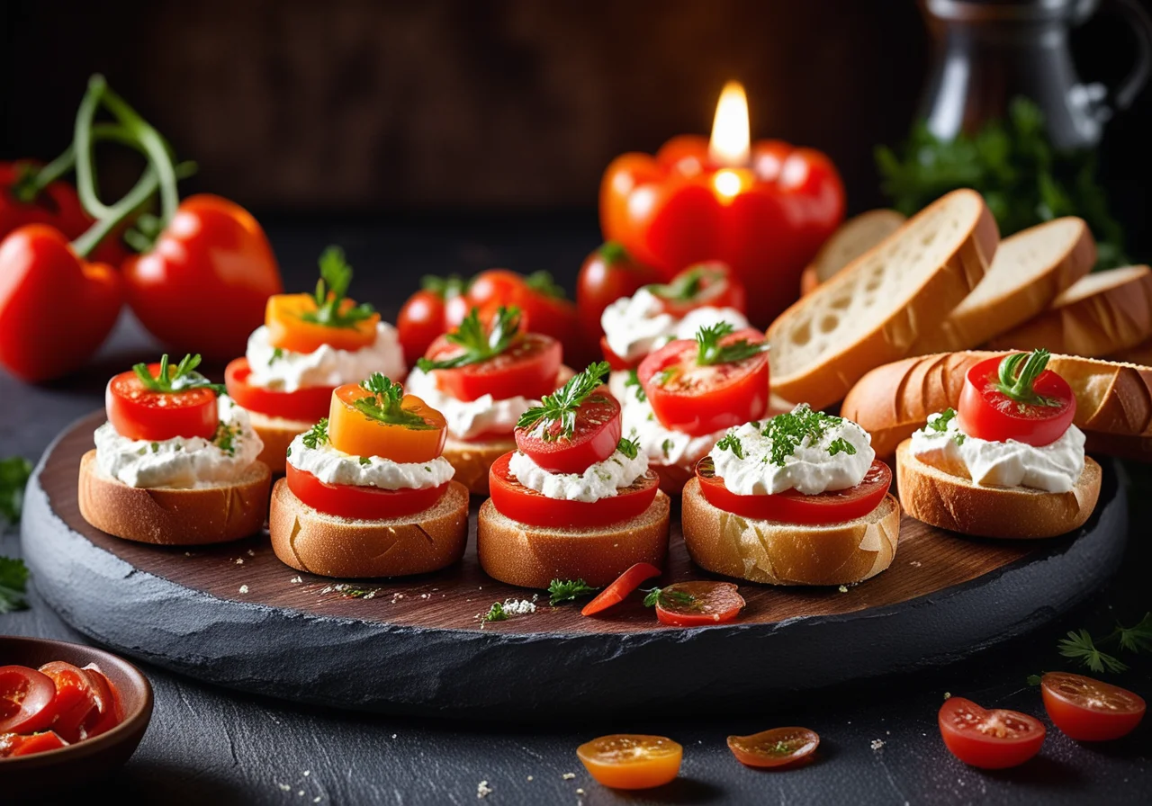 Appetizer Bites with Tomatoes, Feta, Onions and Bell Peppers