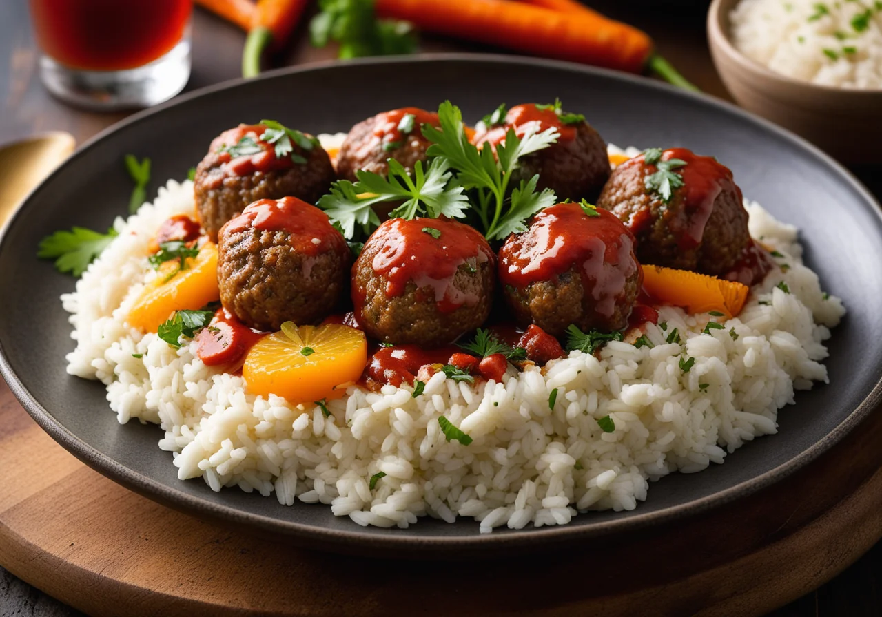 Ground Herb Meatballs with Spicy Ratatouille Sauce and Rice