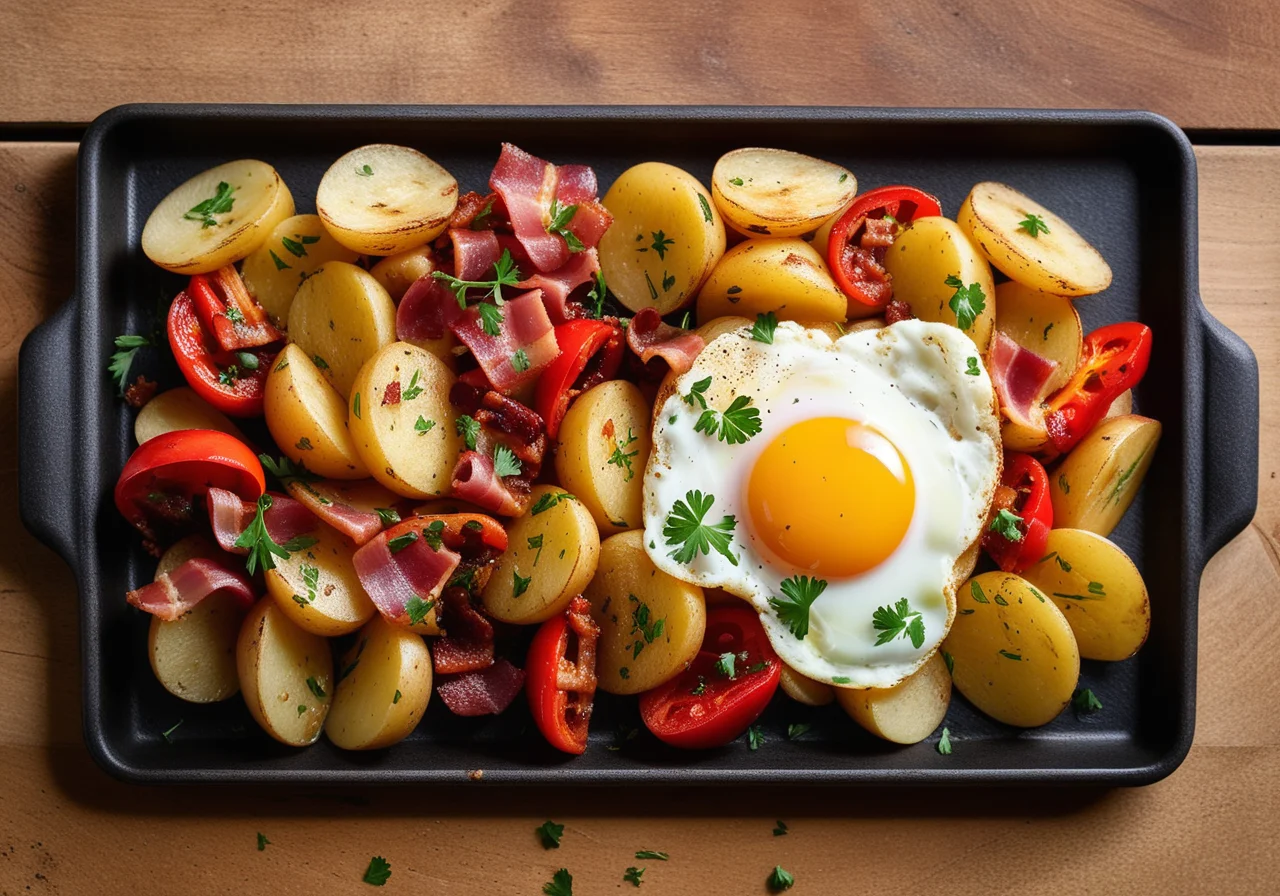 Pan‑fried Potatoes with Bell Pepper, Pancetta and Egg