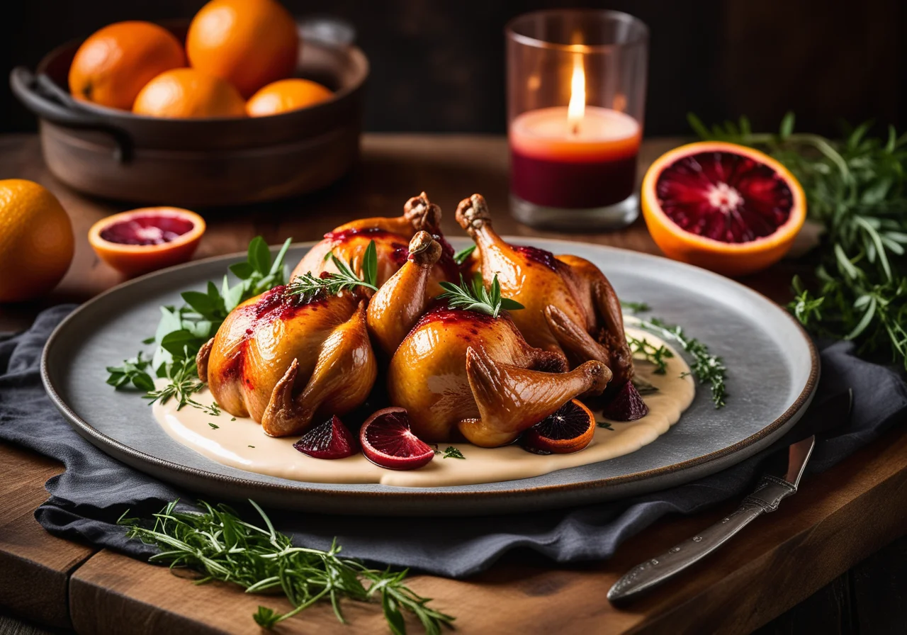 Roasted Chickens with Blood Orange and Cream