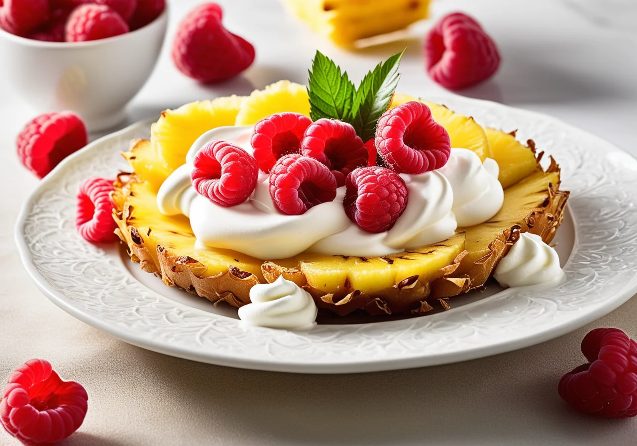 Fried Pineapple with Raspberries and Whipped Cream
