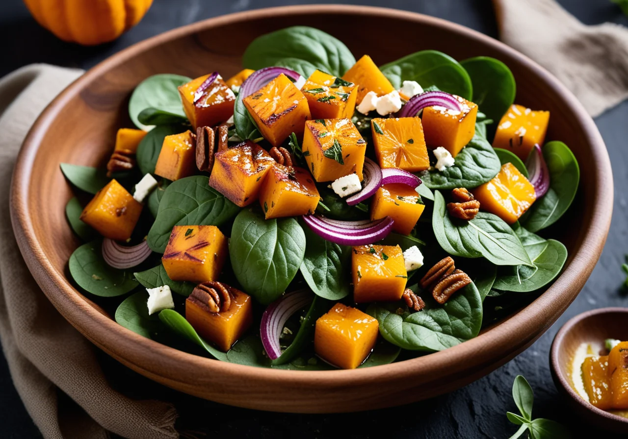 Spinach Salad with Roasted Pumpkin, Onions and Feta